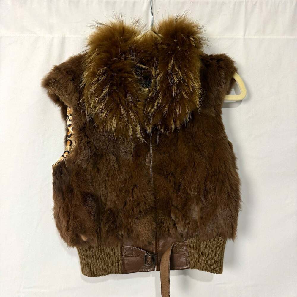 Storyfox Women's Brown Rabbit Fur Full Zip Vest Sleeveless Sz L
